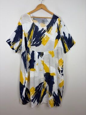 Caterina Ricci Linen Dress Womens 3X Blue Gray Yellow Short Sleeve Pockets Italy